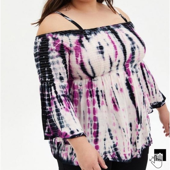 Torrid Tie Dye Babydoll Rayon Smocked Cold Shoulder Flowy Top - Picture 2 of 11